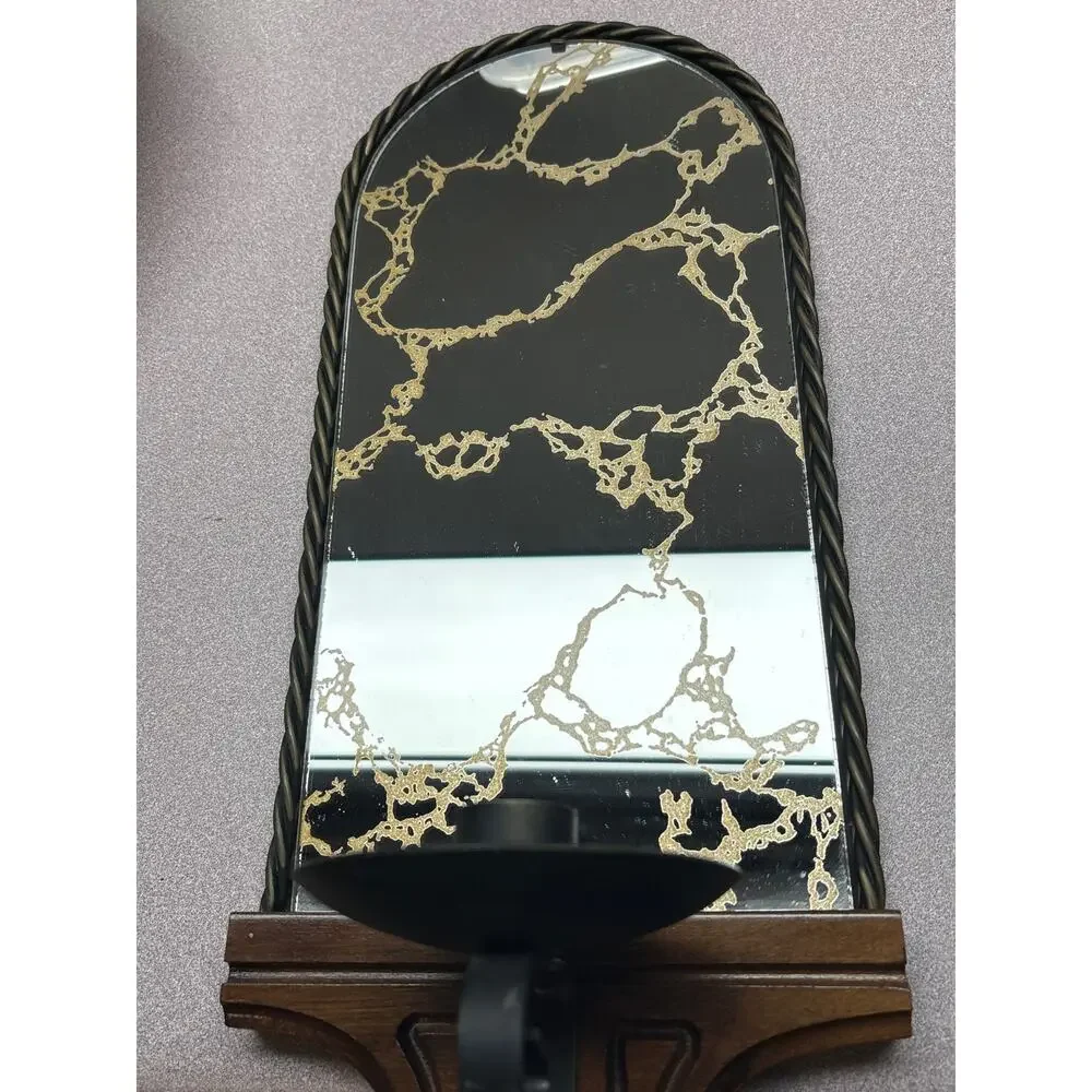Vintage Homco Mirrored Candle Wall Sconce Gold Vein Wood Base